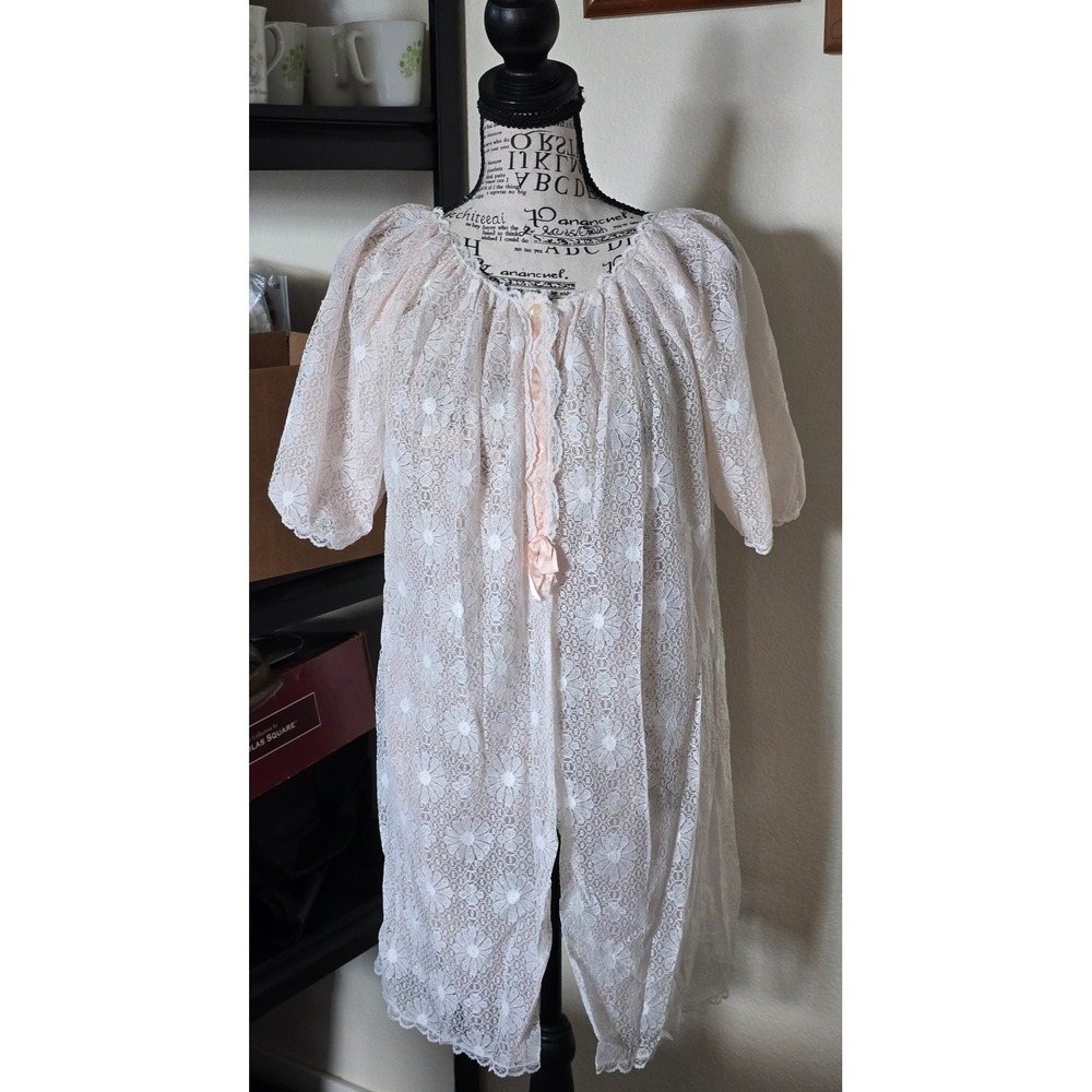 Vintage 70s Floral Lace Nightgown Robe Womens M Pink Sheer Short Sleeve Coquette